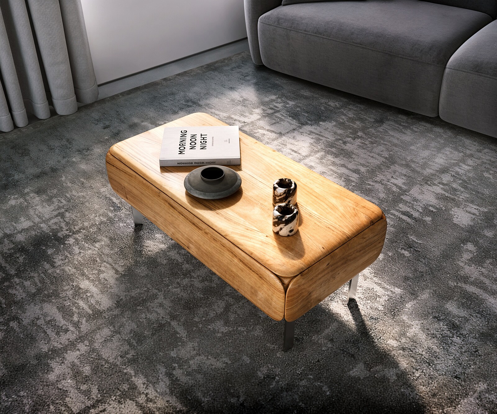 Couchtisch Shavani 100x50 cm Akazie Natur 2 Schubladen L-Fuß Edelstahl Silber 5