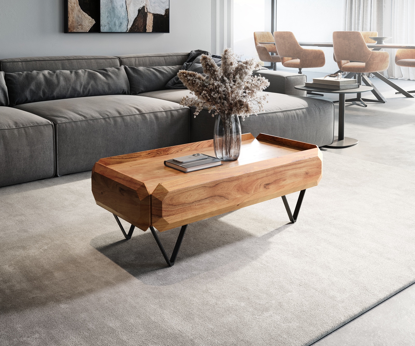 Couchtisch Kiano 100x50 cm Akazie Natur 2 Schübe V-Fuß Schwarz 1