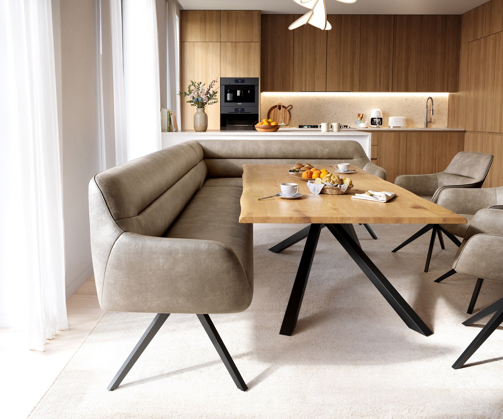 Esszimmerbank Taya-Flex 285x190 cm Mikrofaser Beige Vintage Kreuzgestell kantig Schwarz Taschenfederkern Links 2