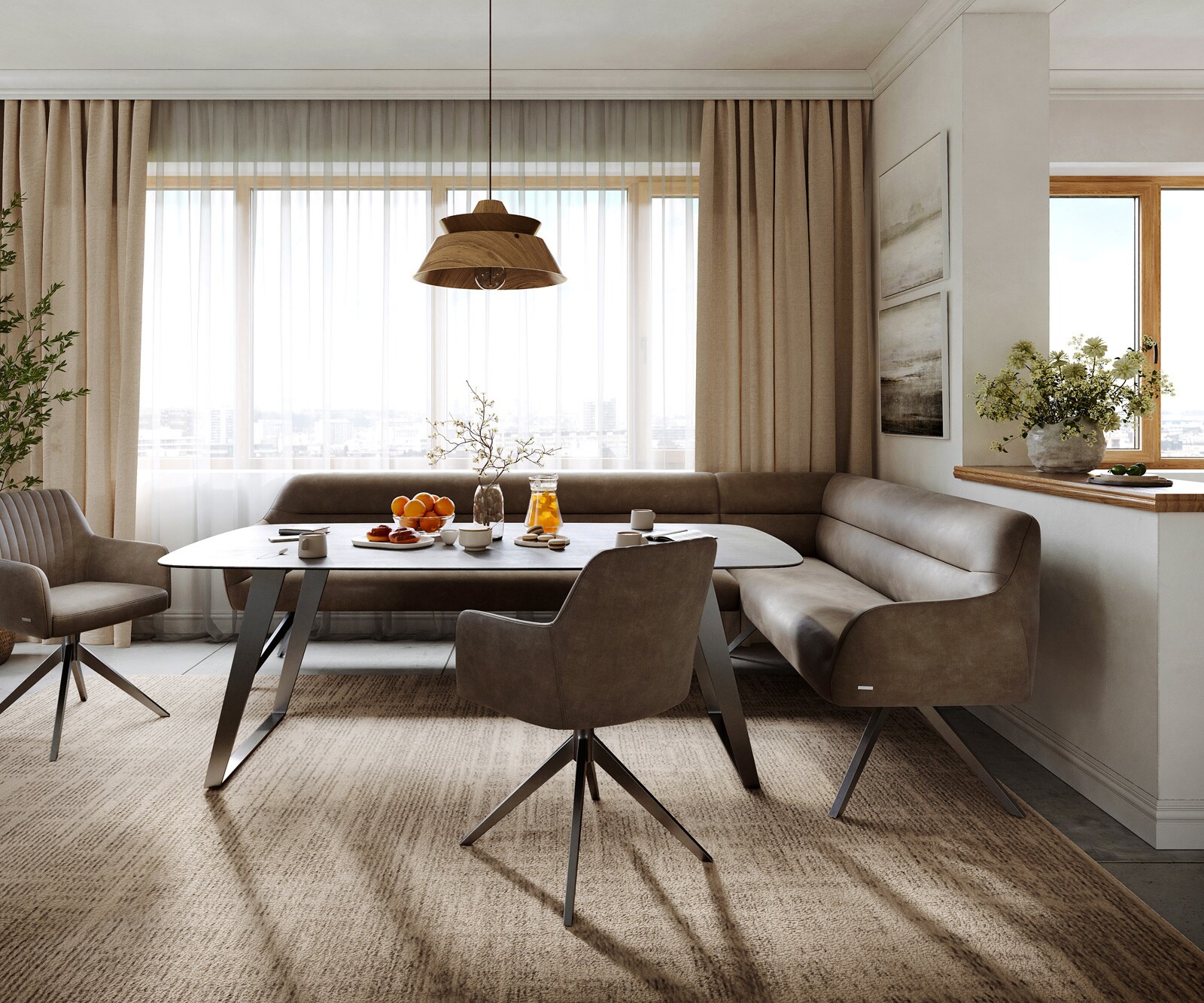 Esszimmerbank Taya-Flex 285x190 cm Mikrofaser Taupe Vintage Kreuzgestell kantig Graphit Taschenfederkern Links 2