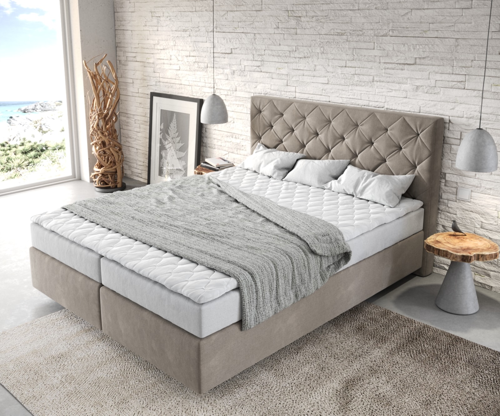 Boxspringbett Dream-Great 160x200 cm Mikrofaser Beige mit Matratze und Topper 3 Boxspringbett Dream-Great 160x200 cm Mikrofaser Beige mit Matratze und Topper 3
