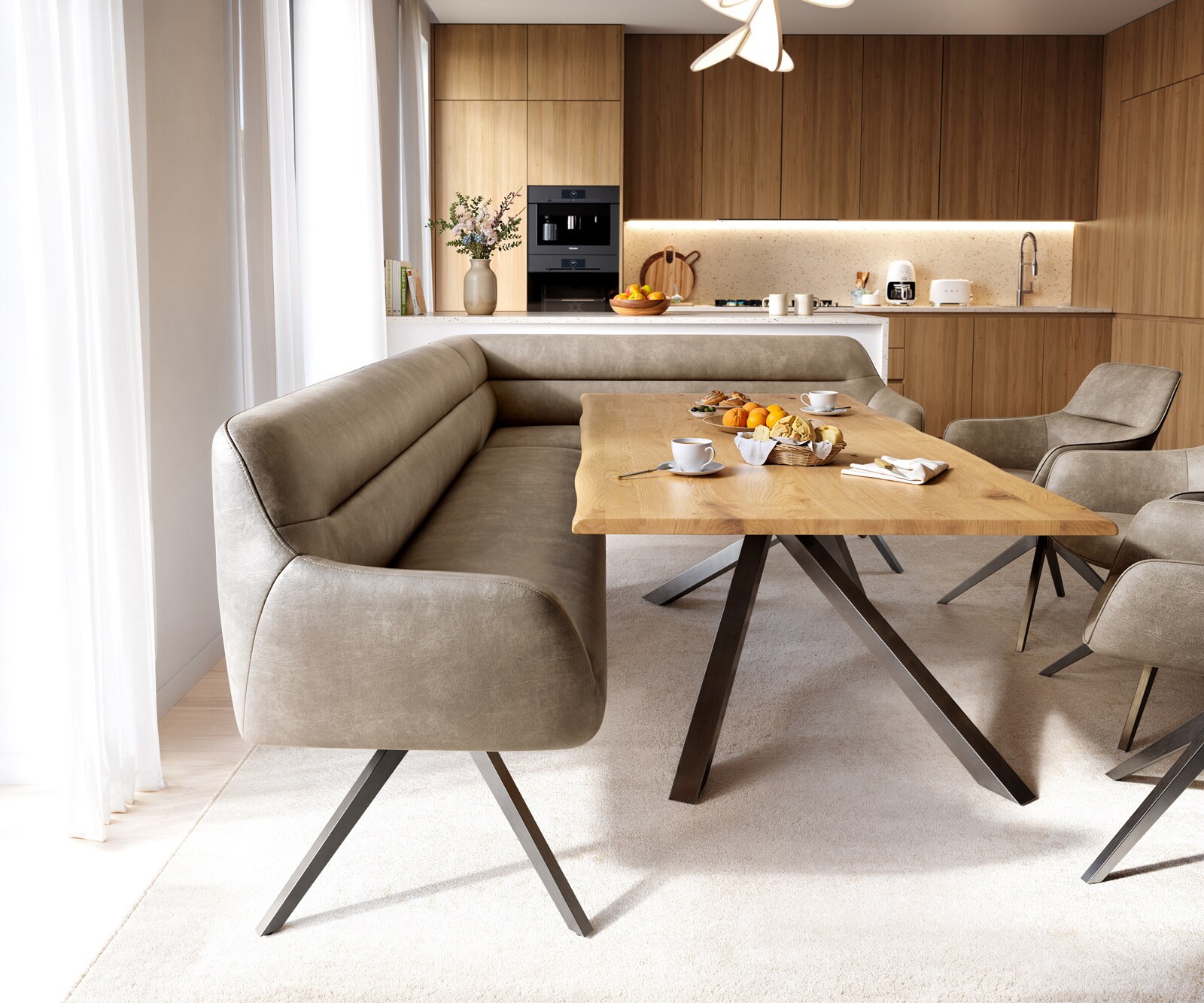 Esszimmerbank Taya-Flex 285x190 cm Mikrofaser Beige Vintage Kreuzgestell kantig Graphit Taschenfederkern Links 1