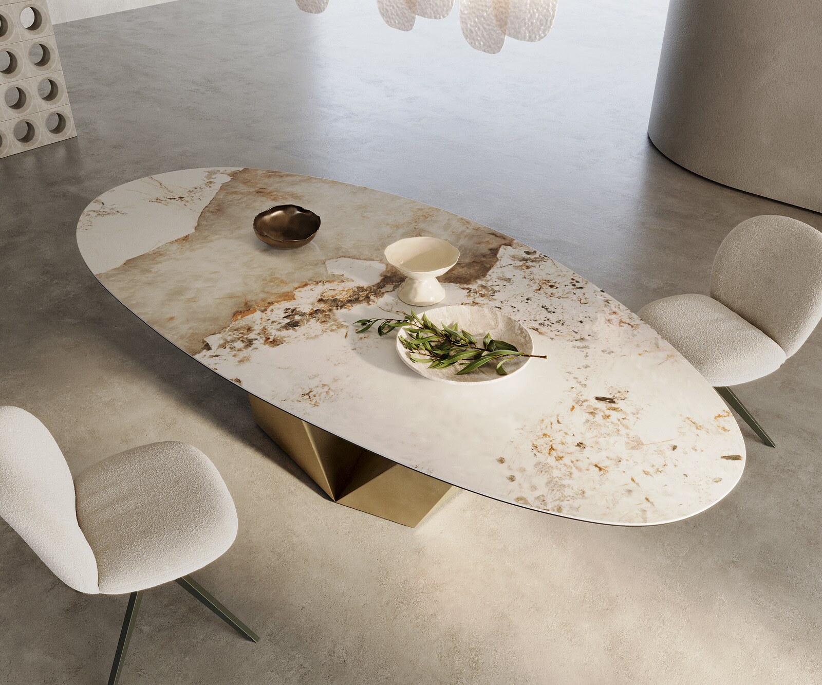 Esstisch Edge Oval 280x130 Keramik Minas Melange Weiß-Beige Prisma Metallic Gold 1