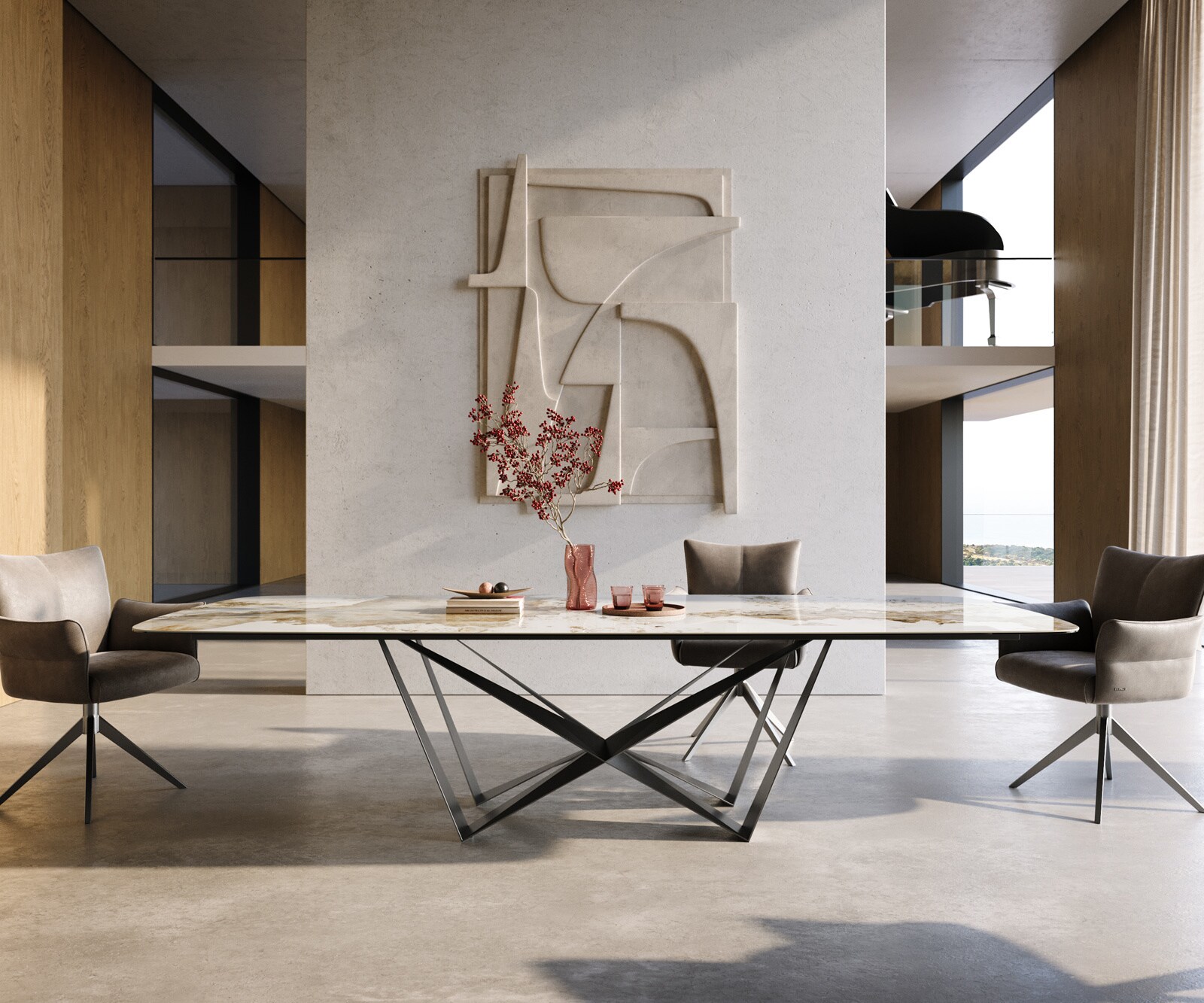 Esstisch Edge Boot 300x120 cm Keramik Minas Melange Weiß-Beige Spider Flachstahl Edelstahl Graphit 2