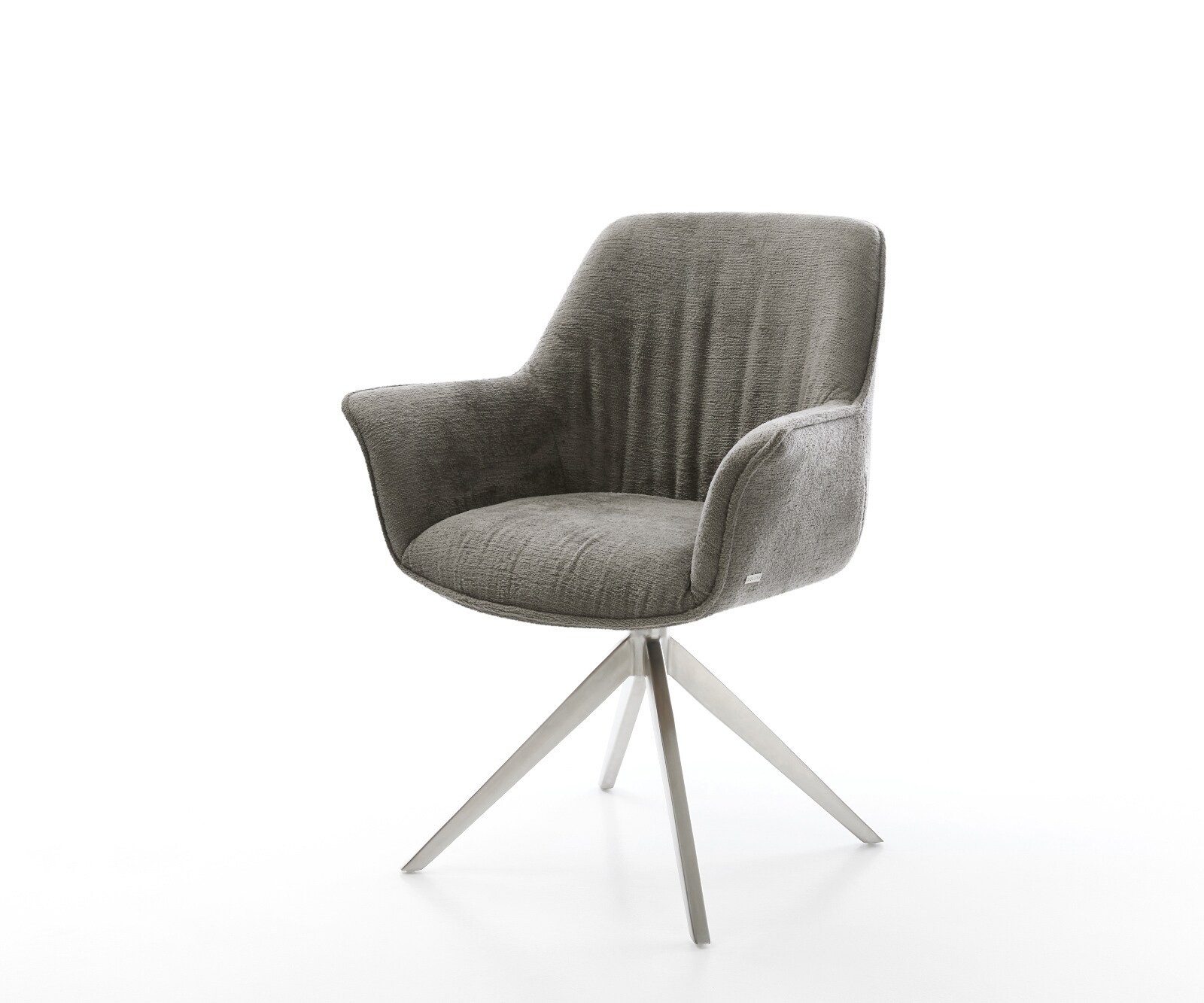 Drehstuhl Keila-Flex mit Armlehnen Bouclé Soft Schlamm Kreuzgestell breit Edelstahl 360° drehbar Wippfunktion