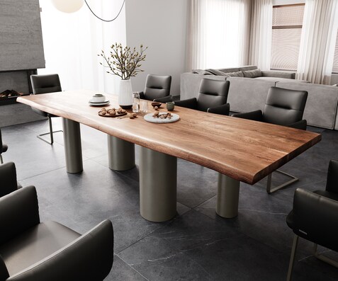 Esstisch Edge 300x100 XL Akazie Braun Pilier Metall Effektfinish Titan Live-Edge