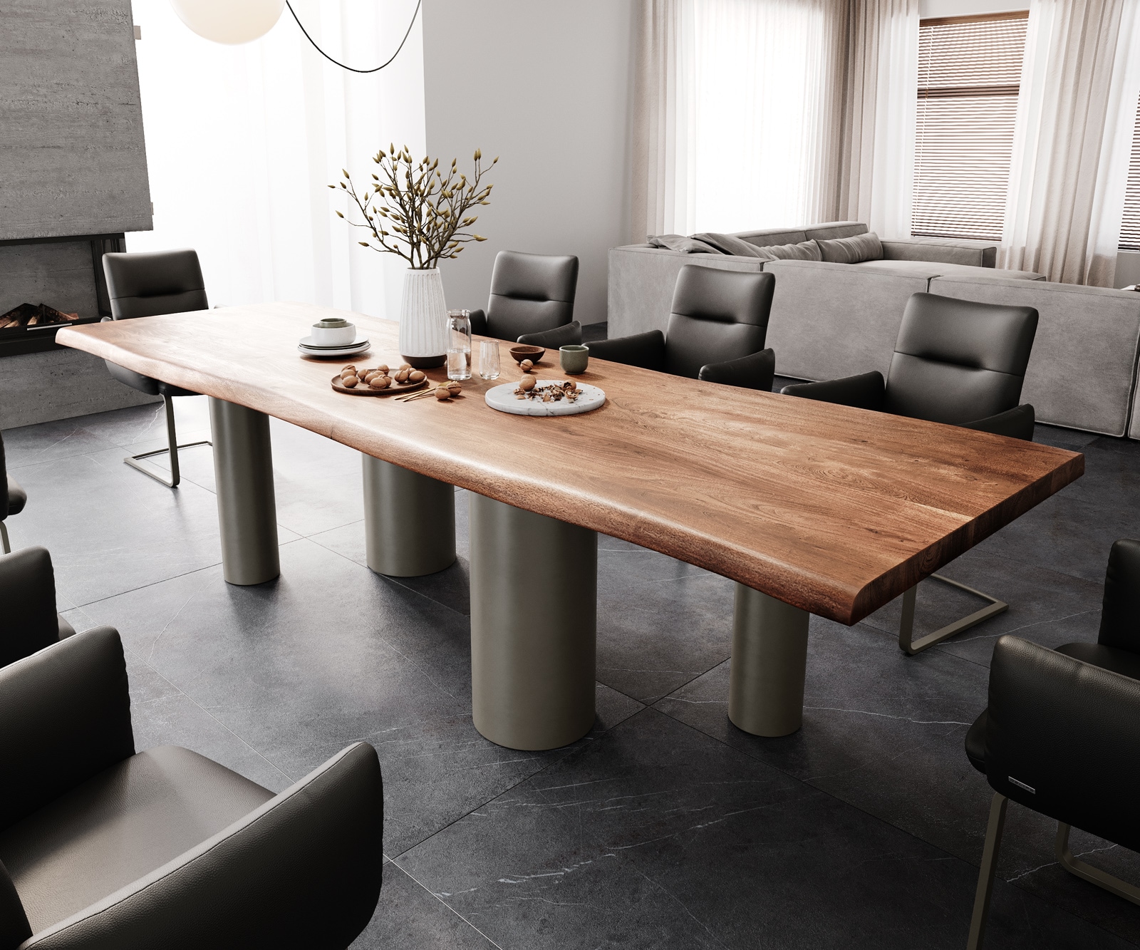 Esstisch Edge 300x100 XL Akazie Braun Pilier Metall Effektfinish Titan Live-Edge