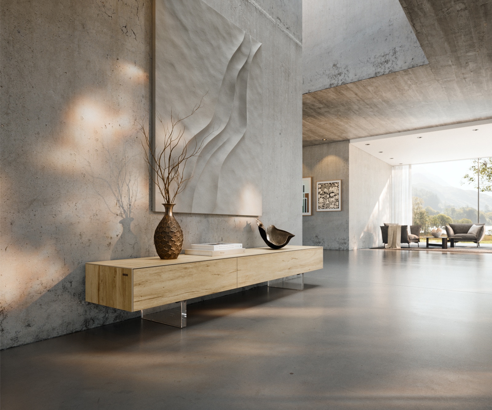 Lowboard Cuor 200 cm Keramik Laminam® Sabbia Eichefarbig 1 Klappe 1 Schubfach Fuß Schwebeoptik Acrylglas
