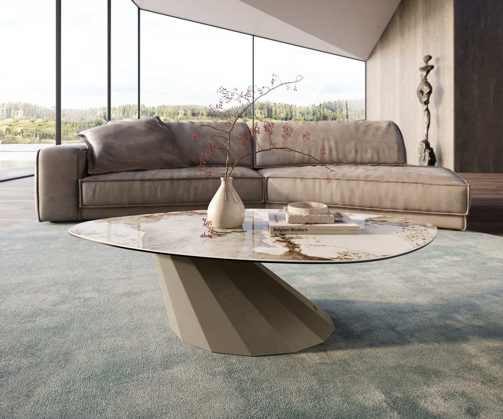 Couchtisch Edge Organisch 140x76 cm Keramik Minas Melange Parabi Metall Effektfinish Titan