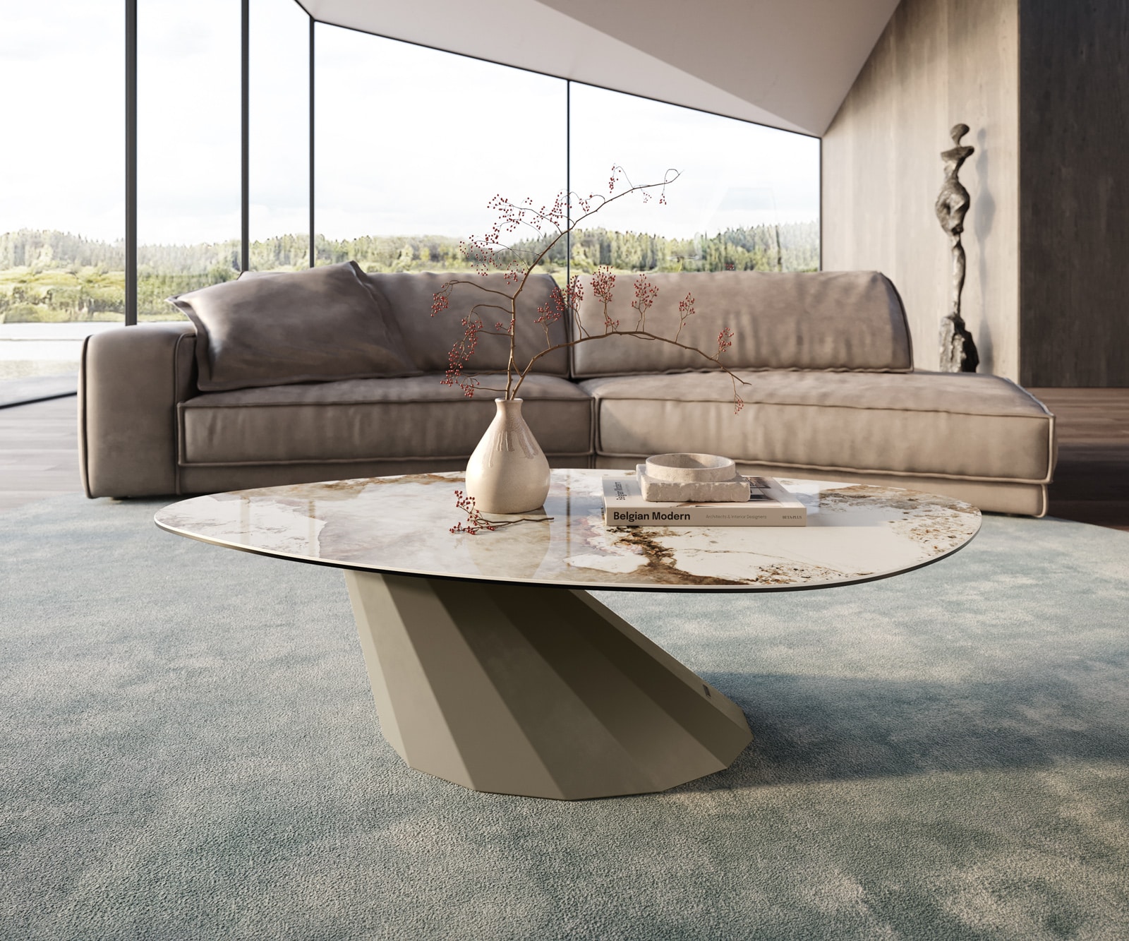 Couchtisch Edge Organisch 140x76 cm Keramik Minas Melange Parabi Metall Effektfinish Titan