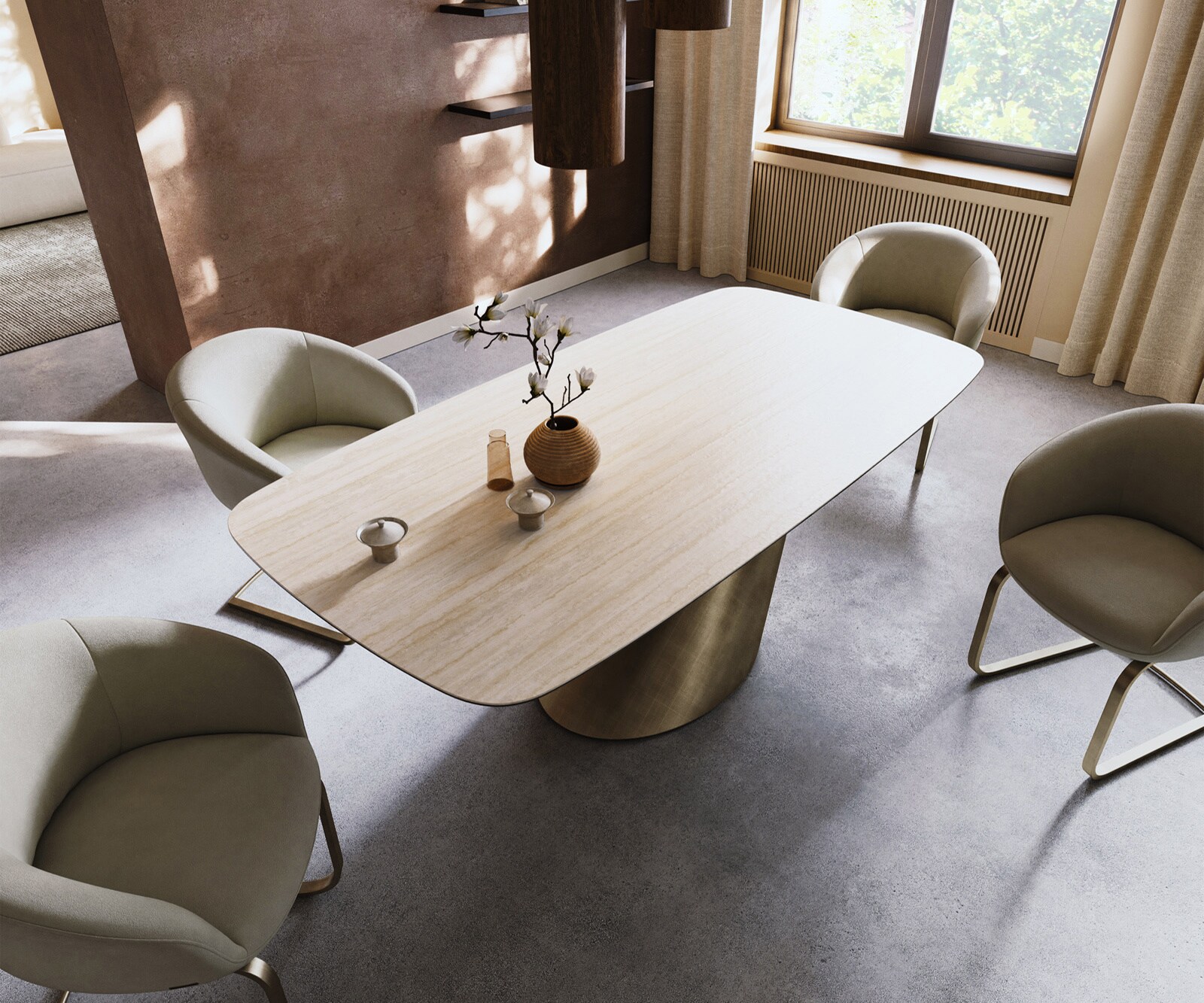 Esstisch Edge Boot 200x100 Keramik Laminam® Travertino Bianco Creme-Weiß Cono Metallic Gold 3