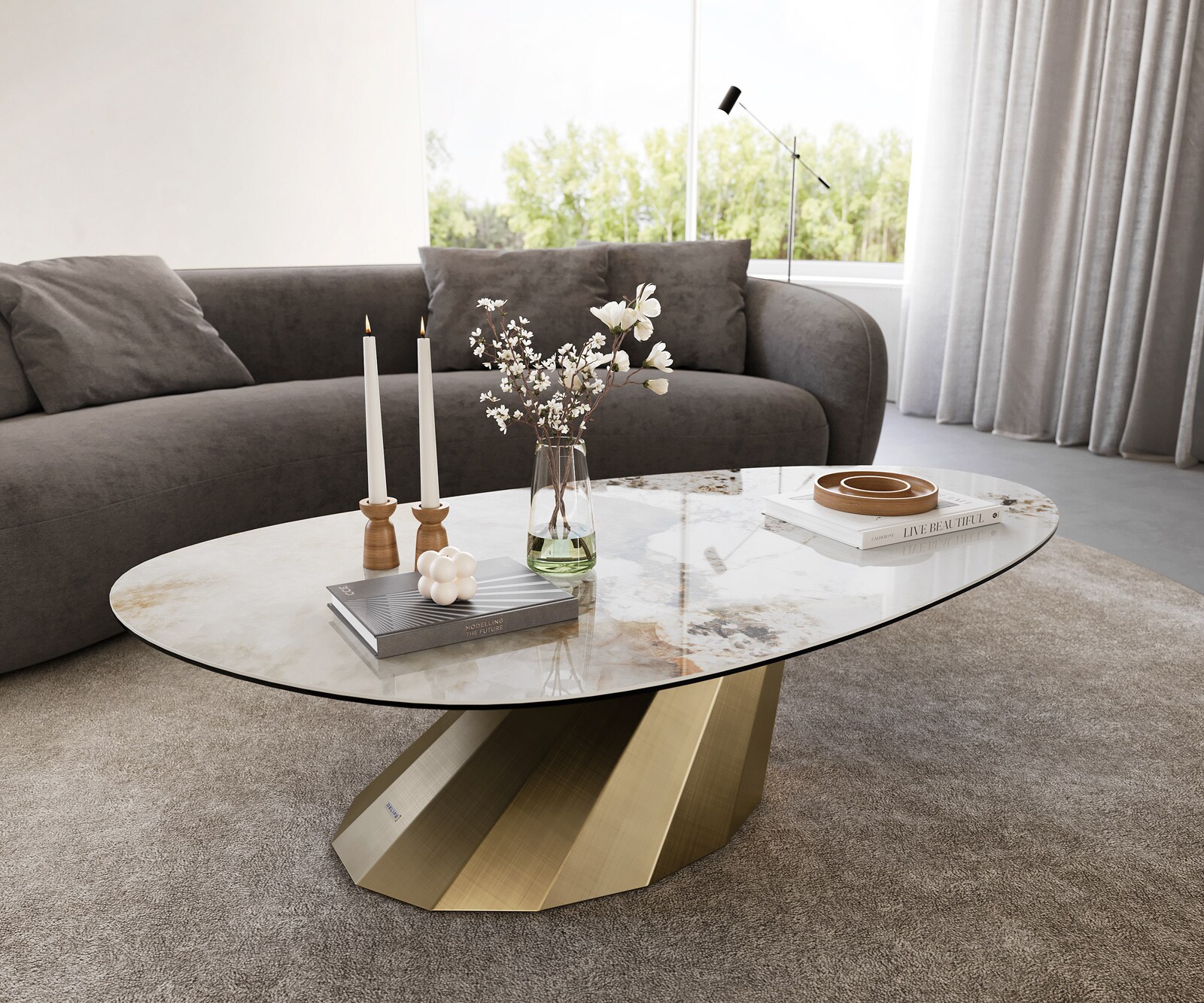 Couchtisch Edge Oval 140x75 cm Keramik Minas Melange Parabi Metallic Gold günstig online kaufen