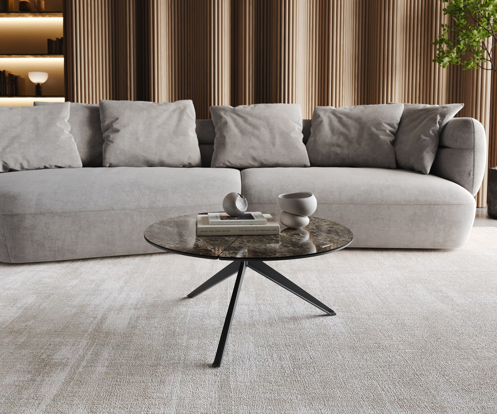 Couchtisch Delron 70x70 cm Keramik Emperador Extra Lucidato Dunkelbraun Kreuzfuß Flach Metall Schwarz 2