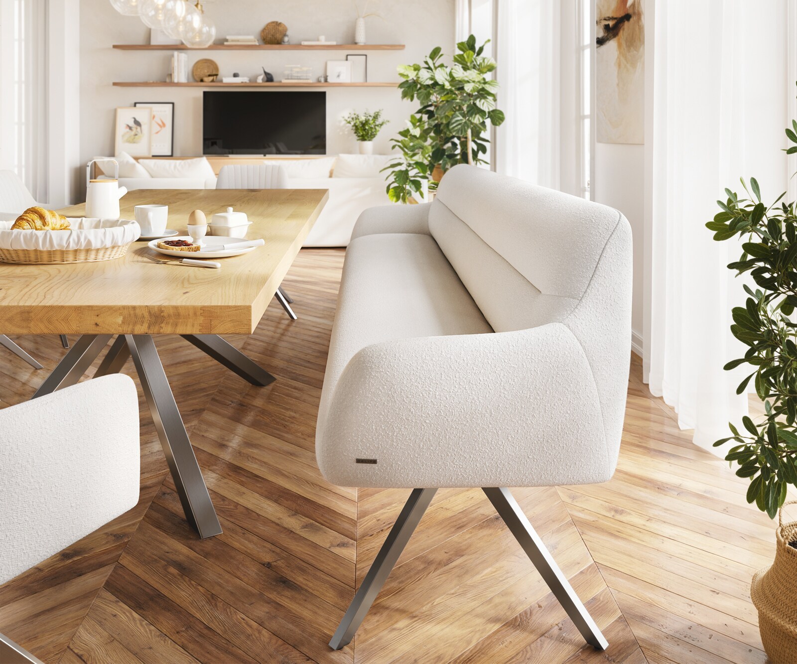 Esszimmerbank Taya-Flex 300 cm Bouclé Creme-Weiß Kreuzgestell kantig Graphit Taschenfederkern 2