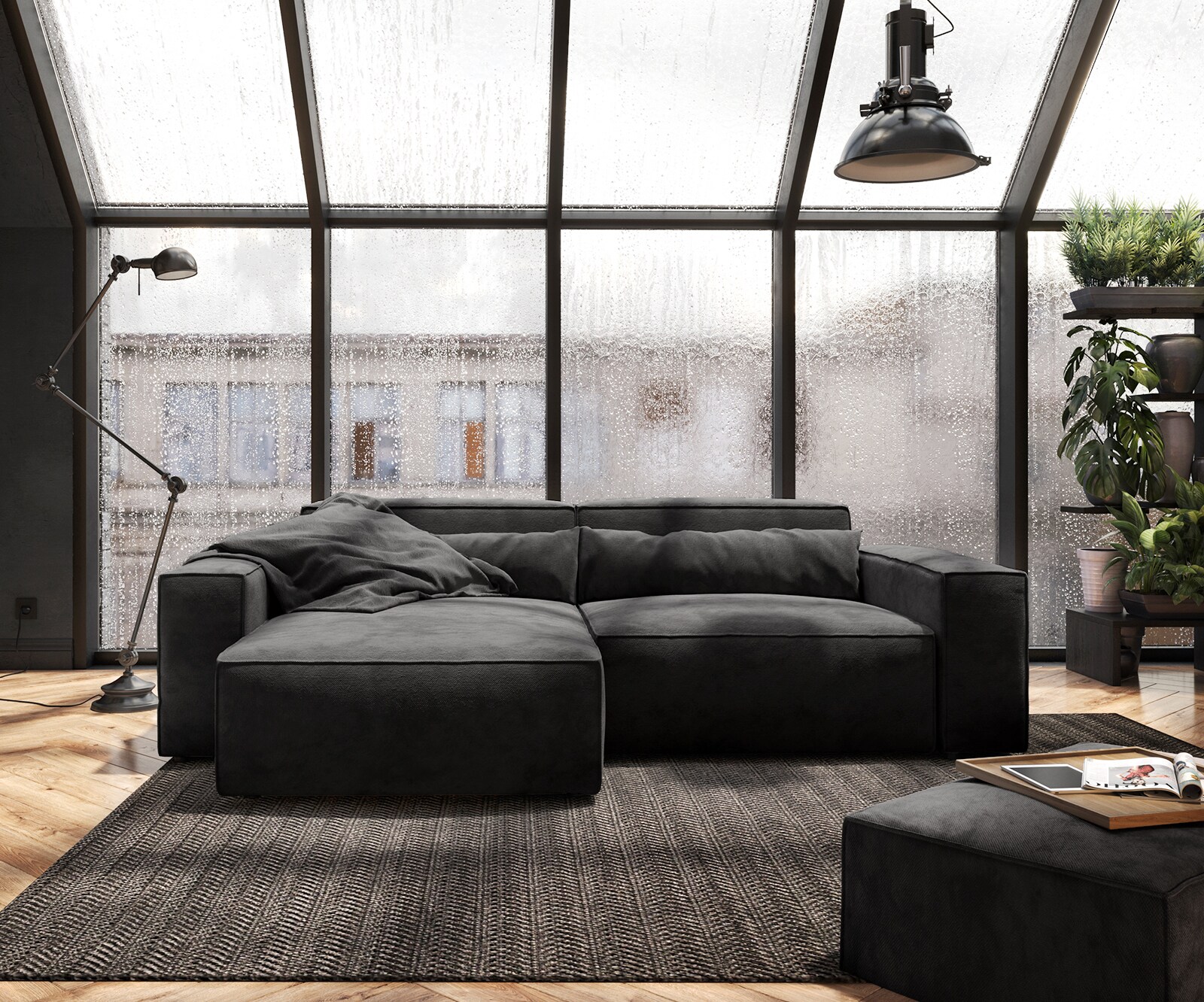 Ecksofa Sirpio 230x155 cm Mikrofaser Schwarz Recamiere variabel mit Hocker 1