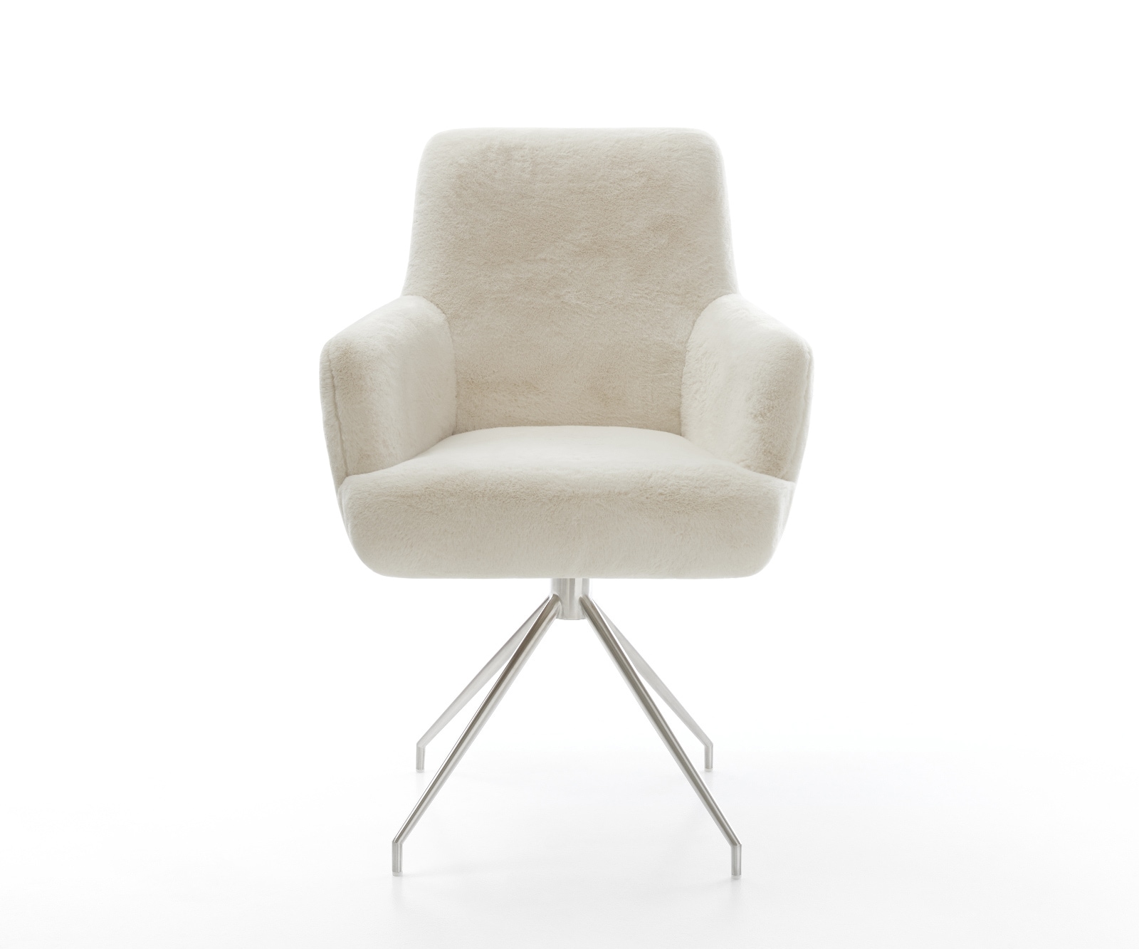Esszimmerstuhl Heira-Flex mit Armlehnen Plüsch Creme-Weiß Kreuzgestell konisch Edelstahl Taschenfederkern 2