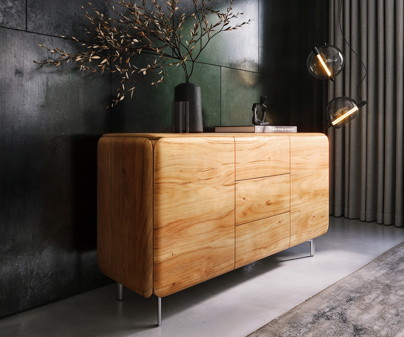 Sideboard Shavani 145 cm Akazie Natur 2 Türen 3 Schubladen Fuß Oval Edelstahl
