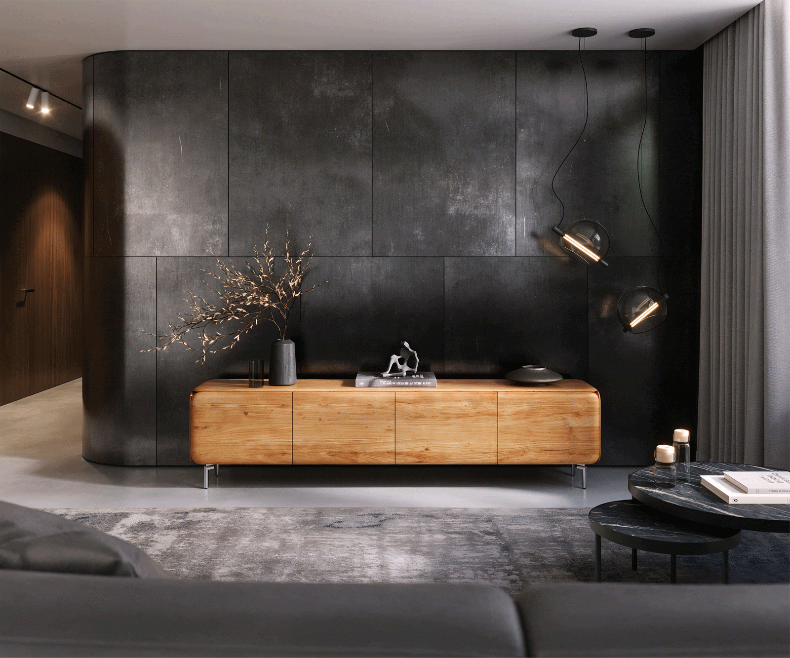 Lowboard Shavani 220 cm Akazie Natur 4 Türen Fuß Oval Edelstahl 5