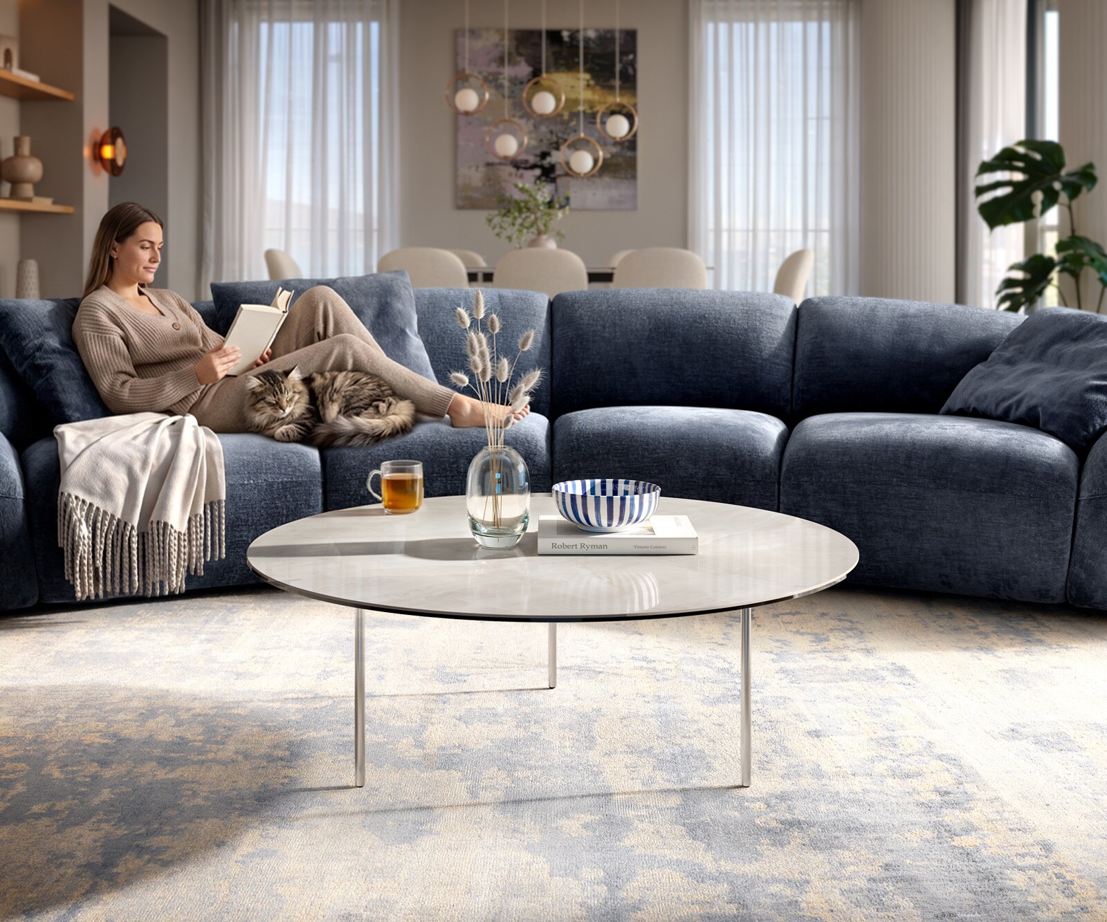 Couchtisch Edge Rund 100x100 cm Keramik Onyx Champagne Trive Edelstahl gebürstet 2