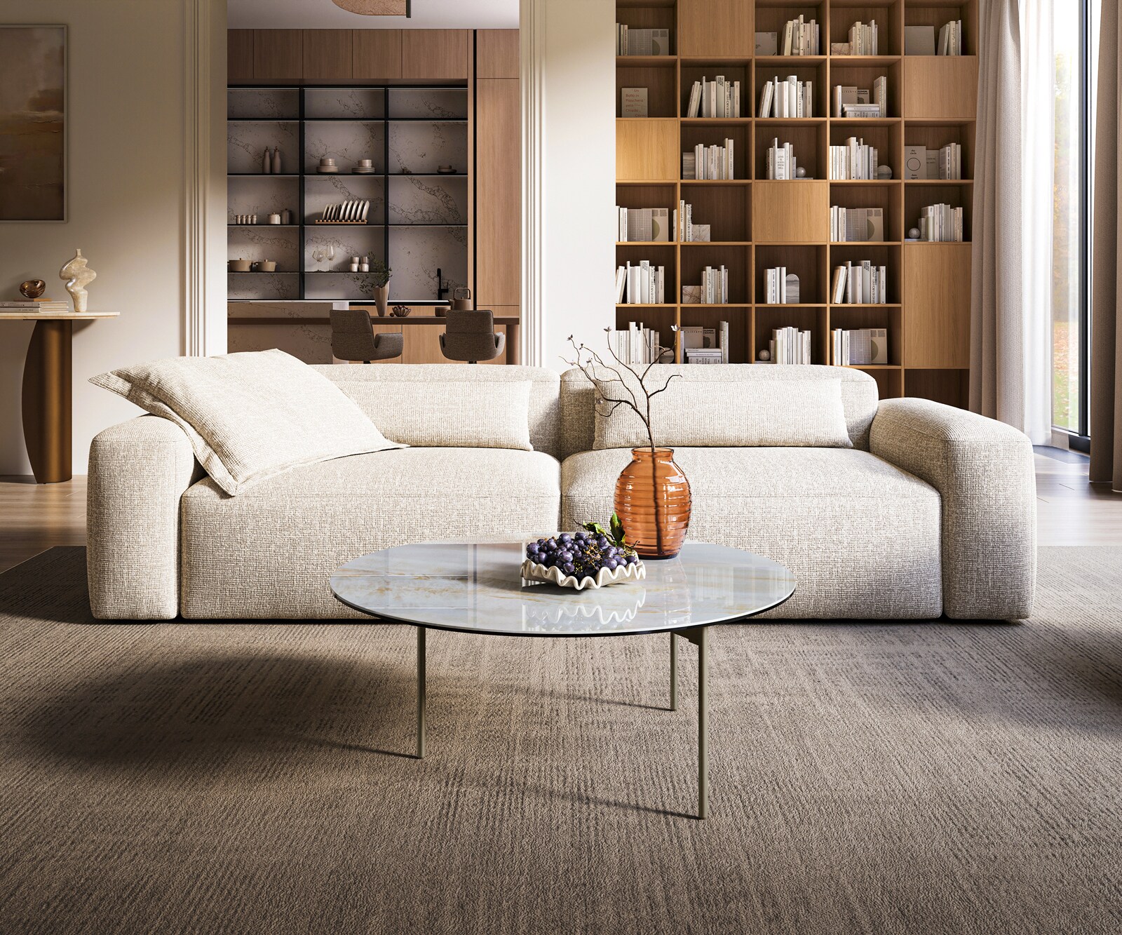 Couchtisch Edge Rund 90x90 cm Keramik Onyx Pearl Trive Metall Effektfinish Titan 1