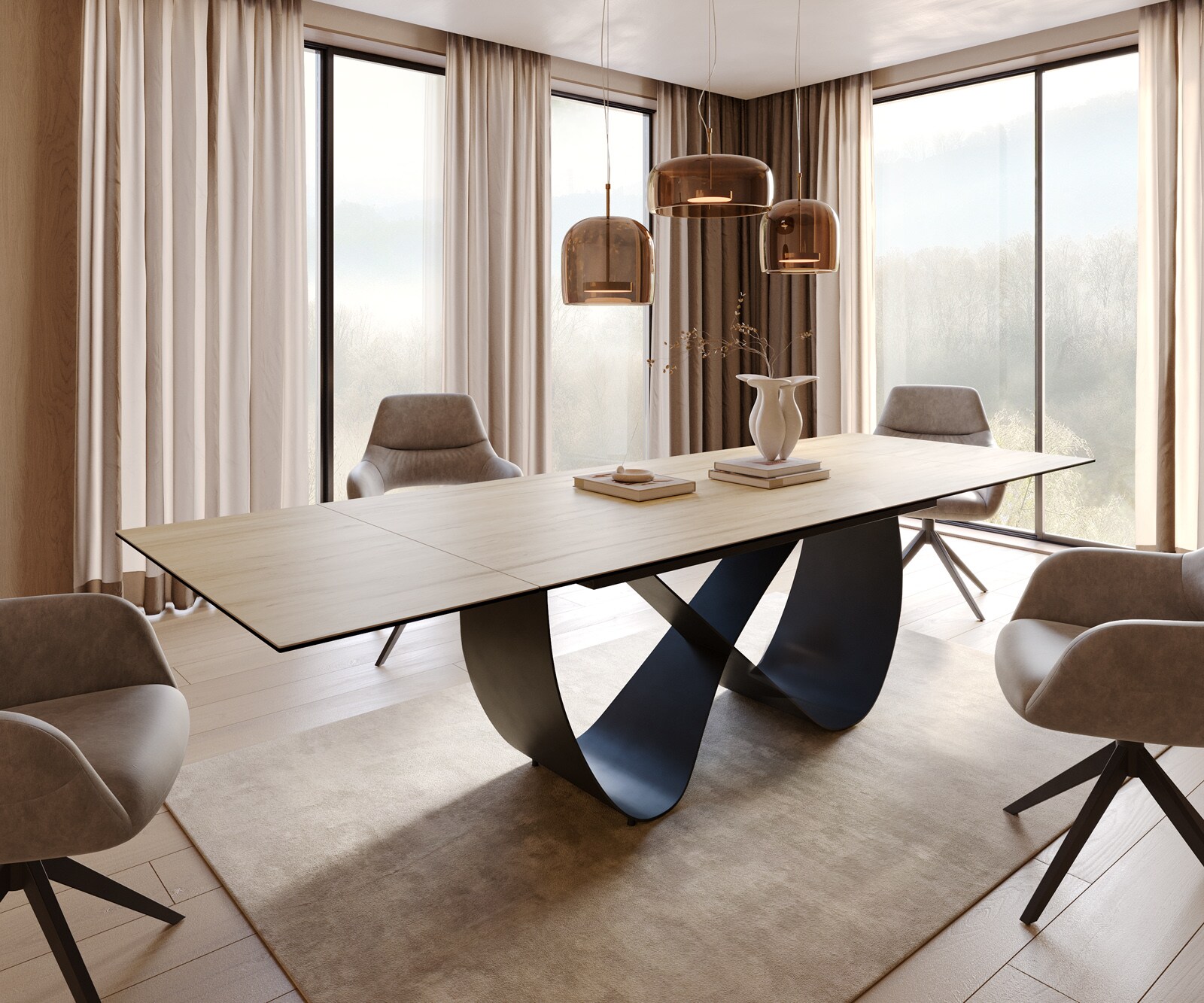 Esstisch Edge 200-300x100 cm Keramik Laminam® Sabbia Eichefarbig Infinity Metall Schwarz ausziehbar