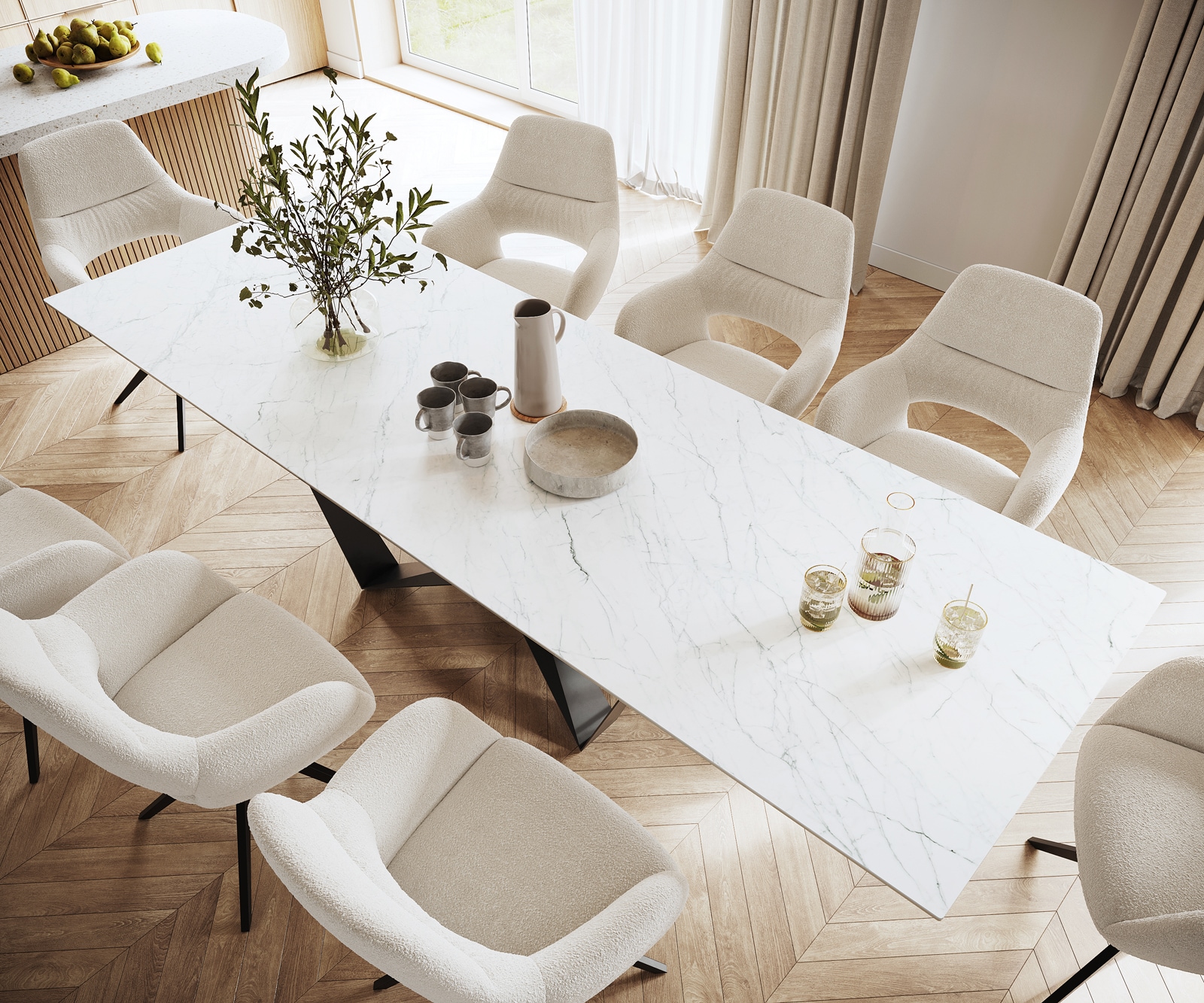 Esszimmertisch Edge Keramik Laminam®Statuarietto Weiß 300x100cm Mittelfuß Flachstahl Schwarz
