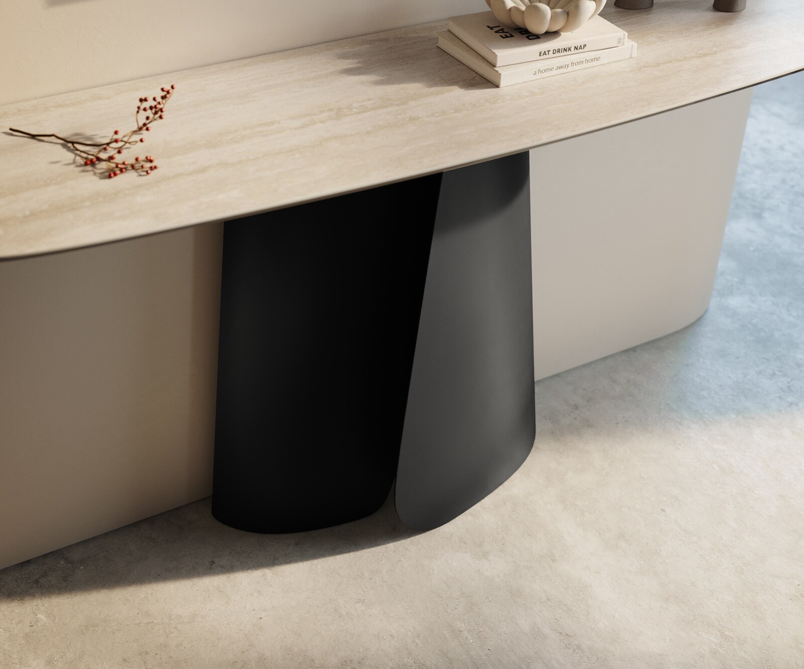 Konsolentisch Edge Boot 140x40 cm Keramik Laminam® Travertino Bianco Creme-Weiß Livos Metall Schwarz 5