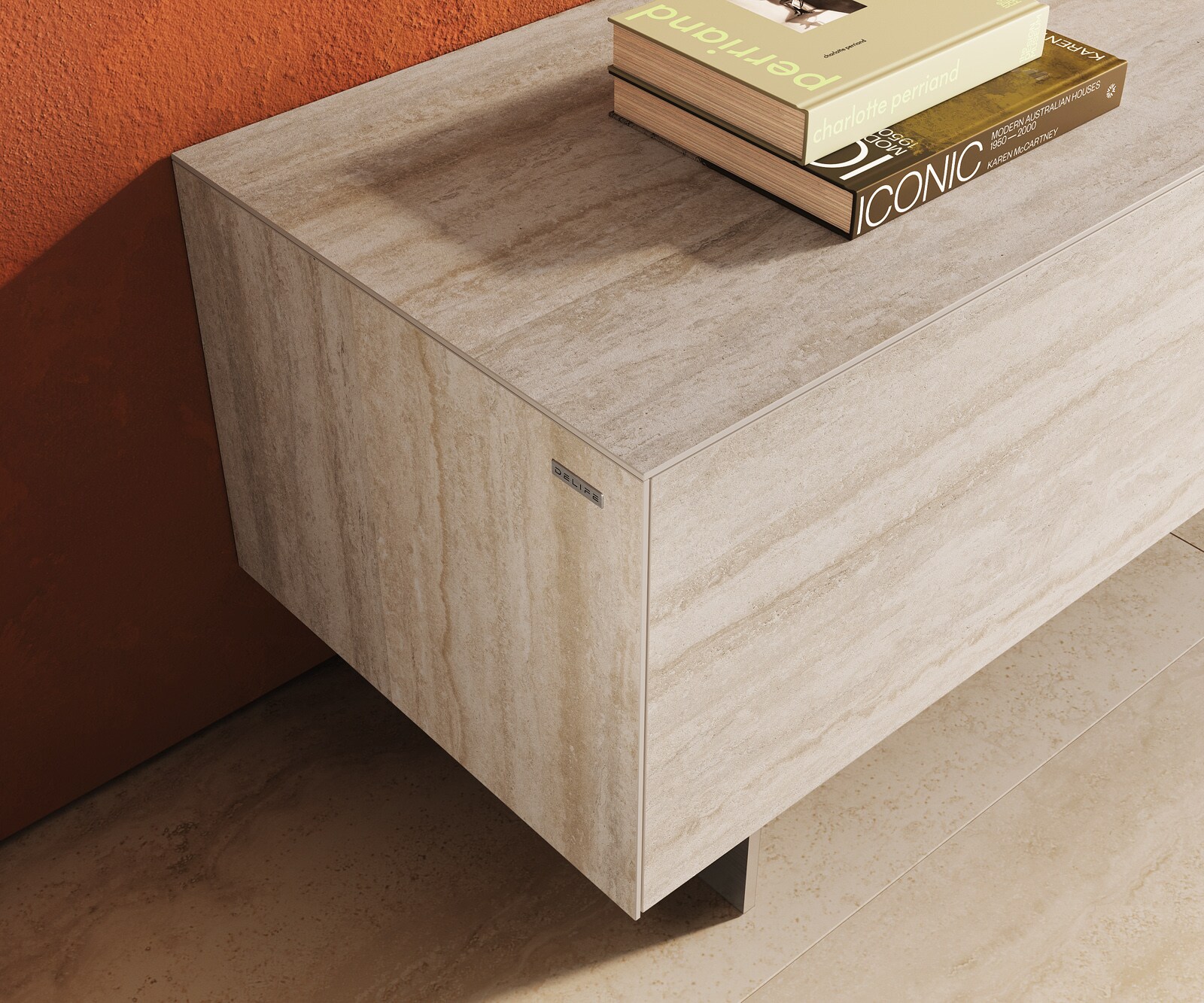 Lowboard Cuor 220 cm Keramik Laminam® Travertino Bianco Creme-Weiß 1 Klappe 2 Schubfächer Fuß Schwebeoptik Edelstahl 6