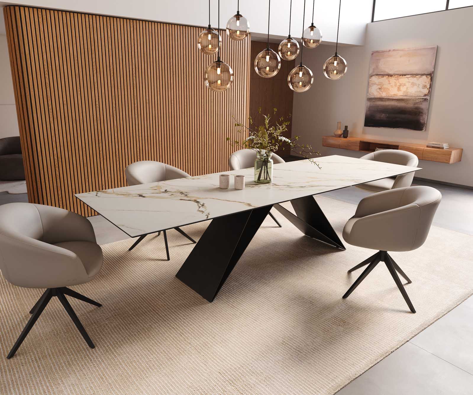 Esstisch Edge 300x100 Keramik Calacatta Luxe Weiß-Gold-Grau V-Gestell Flachstahl Schwarz 8