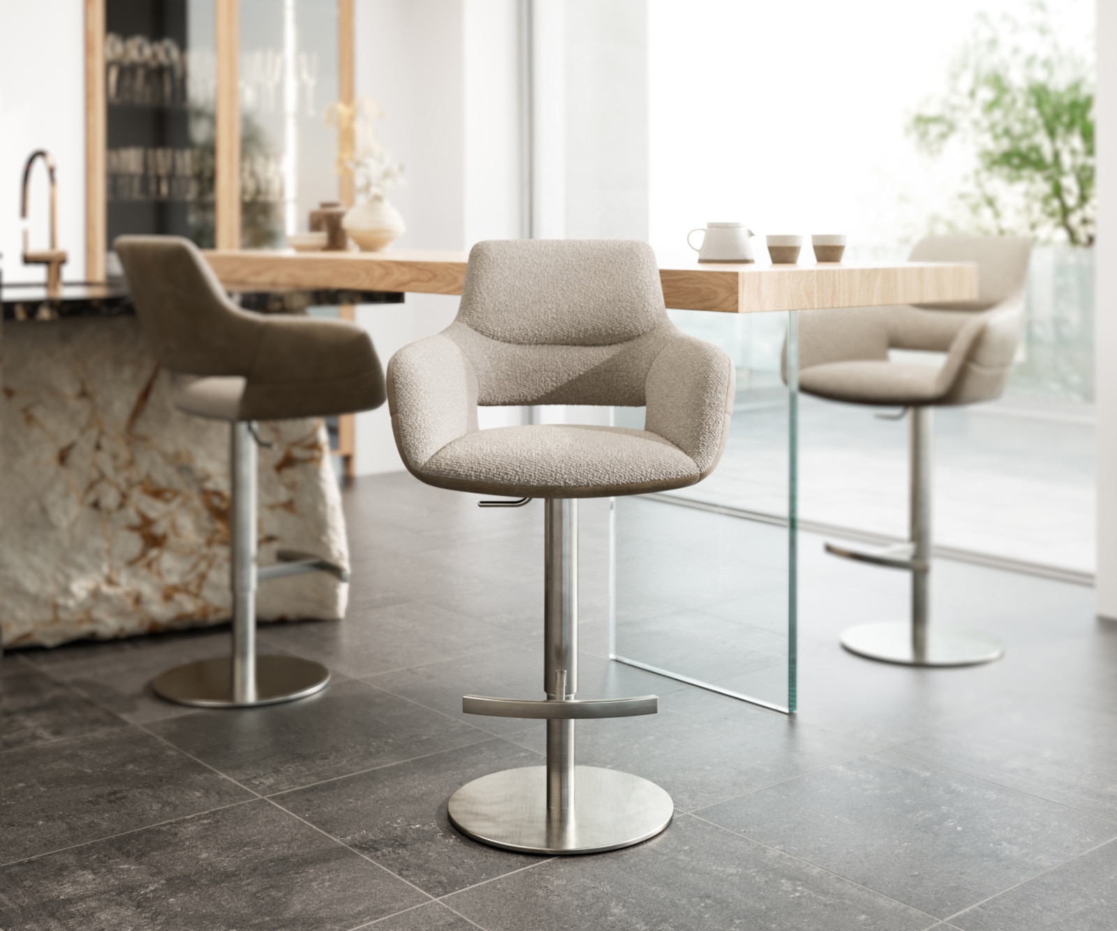 Barstuhl Yago-Flex Materialmix Mikrofaser Schlamm / Bouclé Schlamm Drehfußhöhenverstellbar Edelstahl drehbar Taschenfederkern 1 Barstuhl Yago-Flex Materialmix Mikrofaser Schlamm / Bouclé Schlamm Drehfußhöhenverstellbar Edelstahl drehbar Taschenfederkern 1
