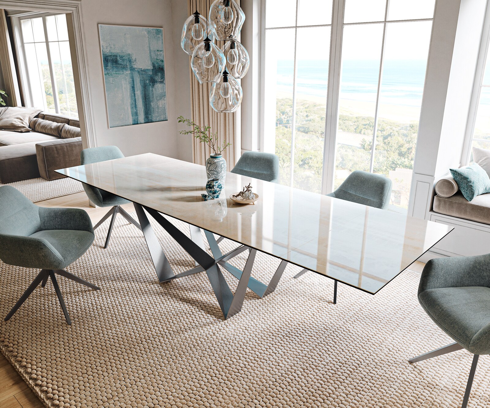 Esstisch Edge 200-300x100 cm Keramik Onyx Champagne Spider Flachstahl Edelstahl Graphit ausziehbar 1