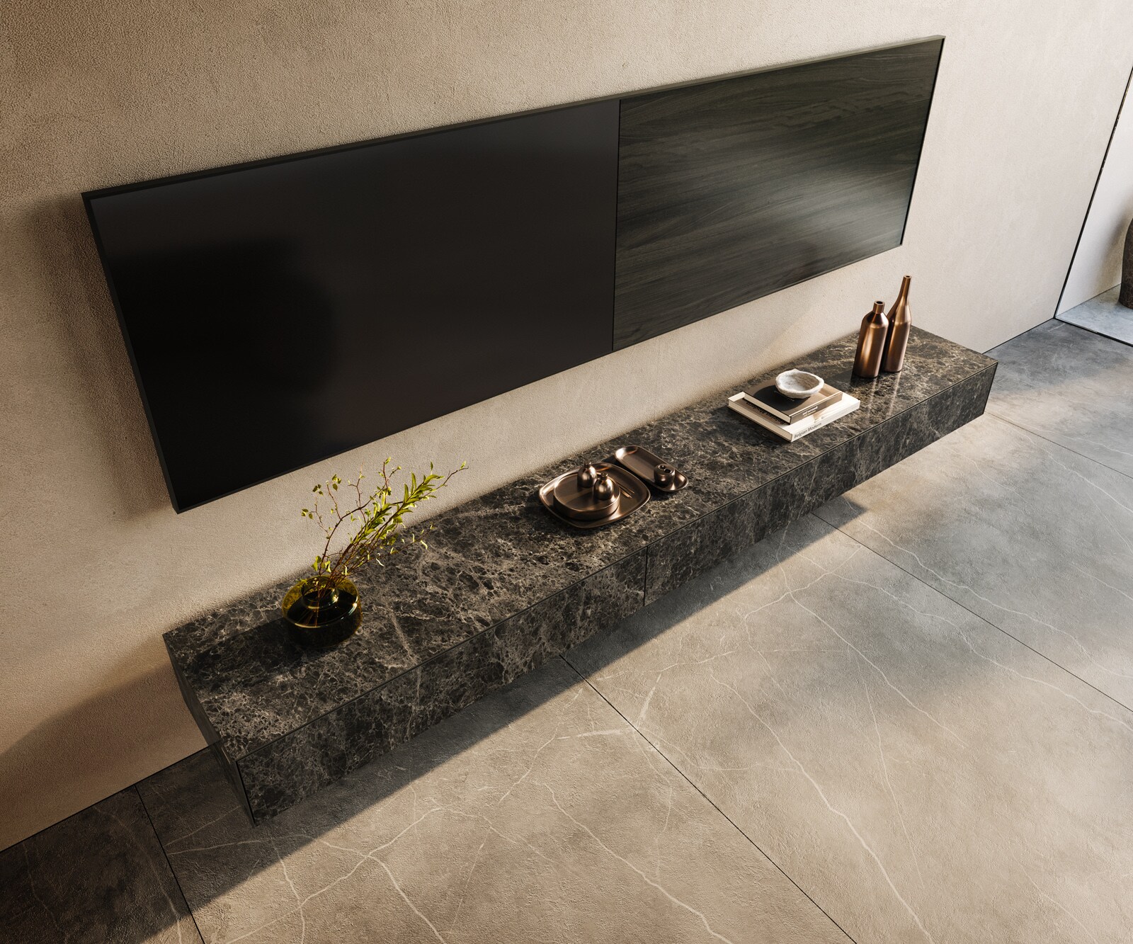 Lowboard Cuor 250 cm Keramik Laminam® Emperador Extra Lucidato Dunkelbraun 1 Klappe 1 Schubfach Schwebend 4