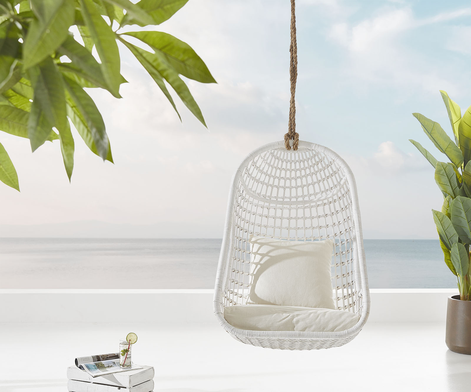 Hängesessel Edessa mit Kissen Rattan weiß 1 Hängesessel Edessa mit Kissen Rattan weiß 1