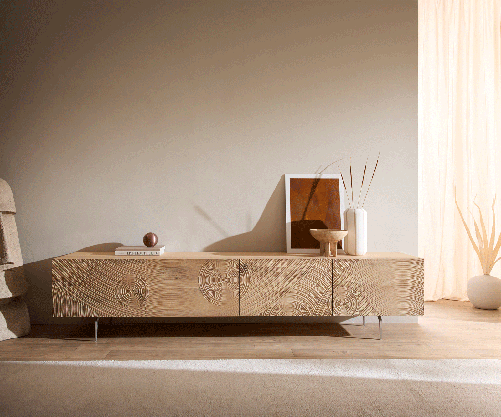 Lowboard Ashara 220 cm Eiche Natur 3D Effekt 4 Türen Winkelfuß Edelstahl gebürstet 4