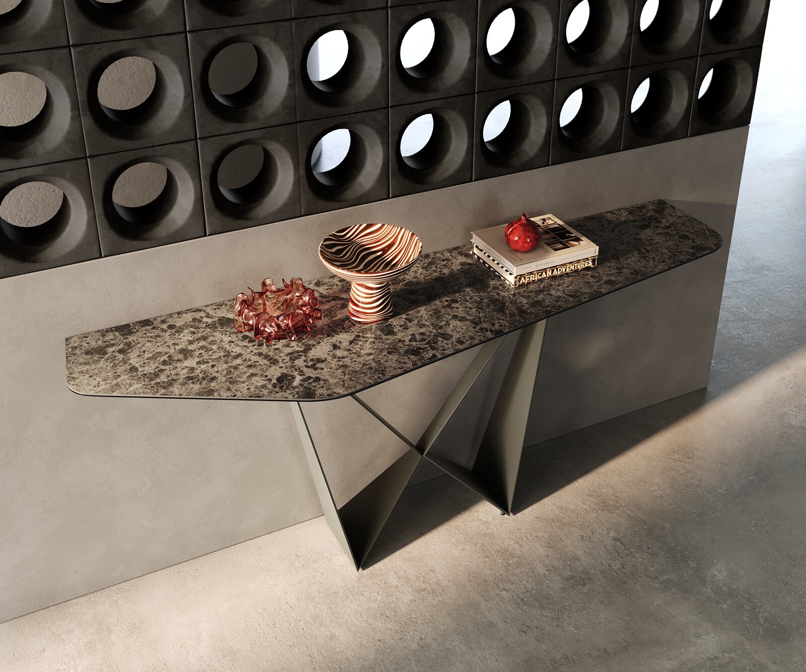 Konsolentisch Edge Polygonal 180x50 cm Keramik Emperador Extra Lucidato Dunkelbraun Spios Metall Effektfinish Titan 1