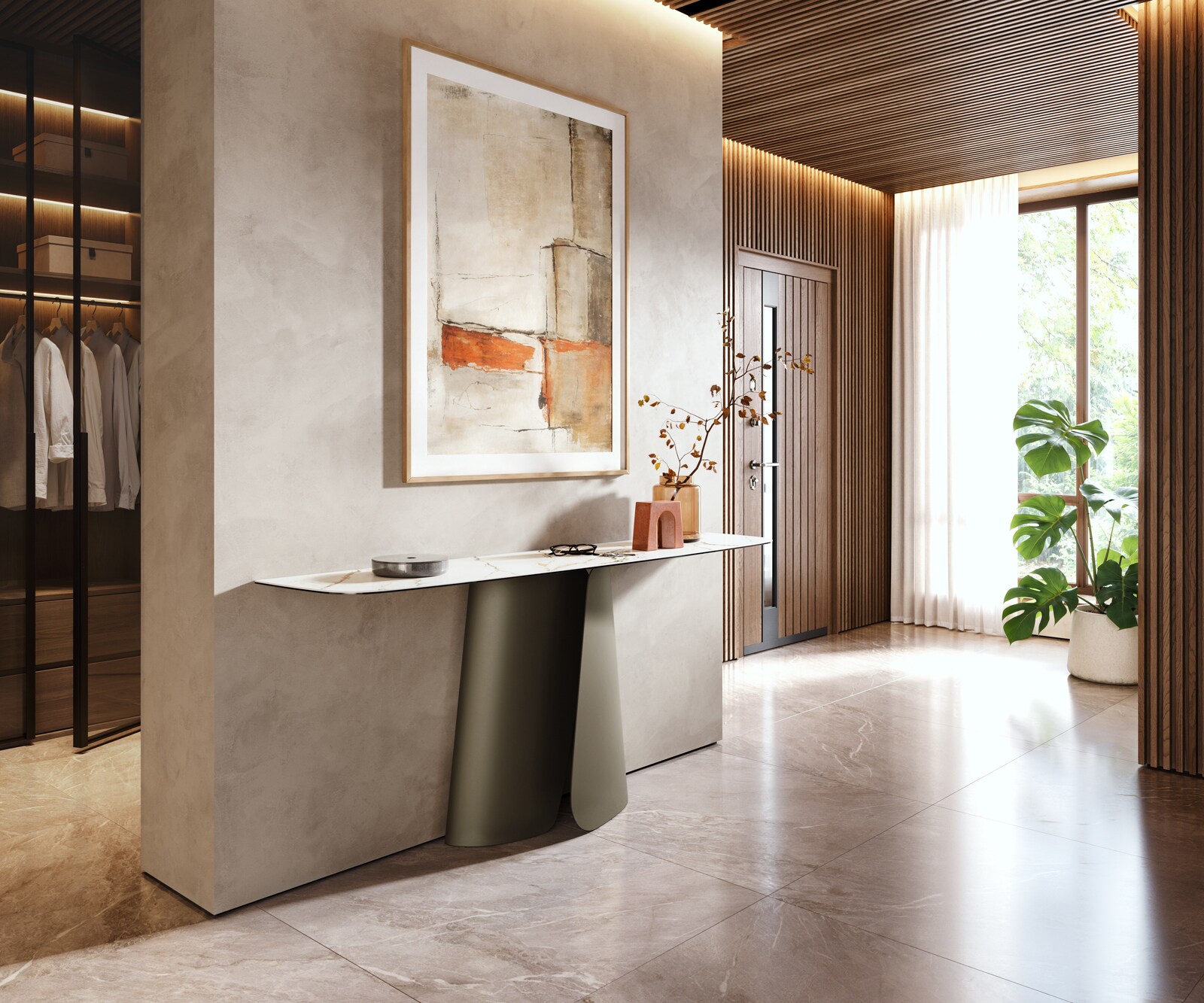 Konsolentisch Edge Boot 180x40 cm Keramik Calacatta Luxe Weiß-Gold-Grau Livos Metall Effektfinish Titan 6