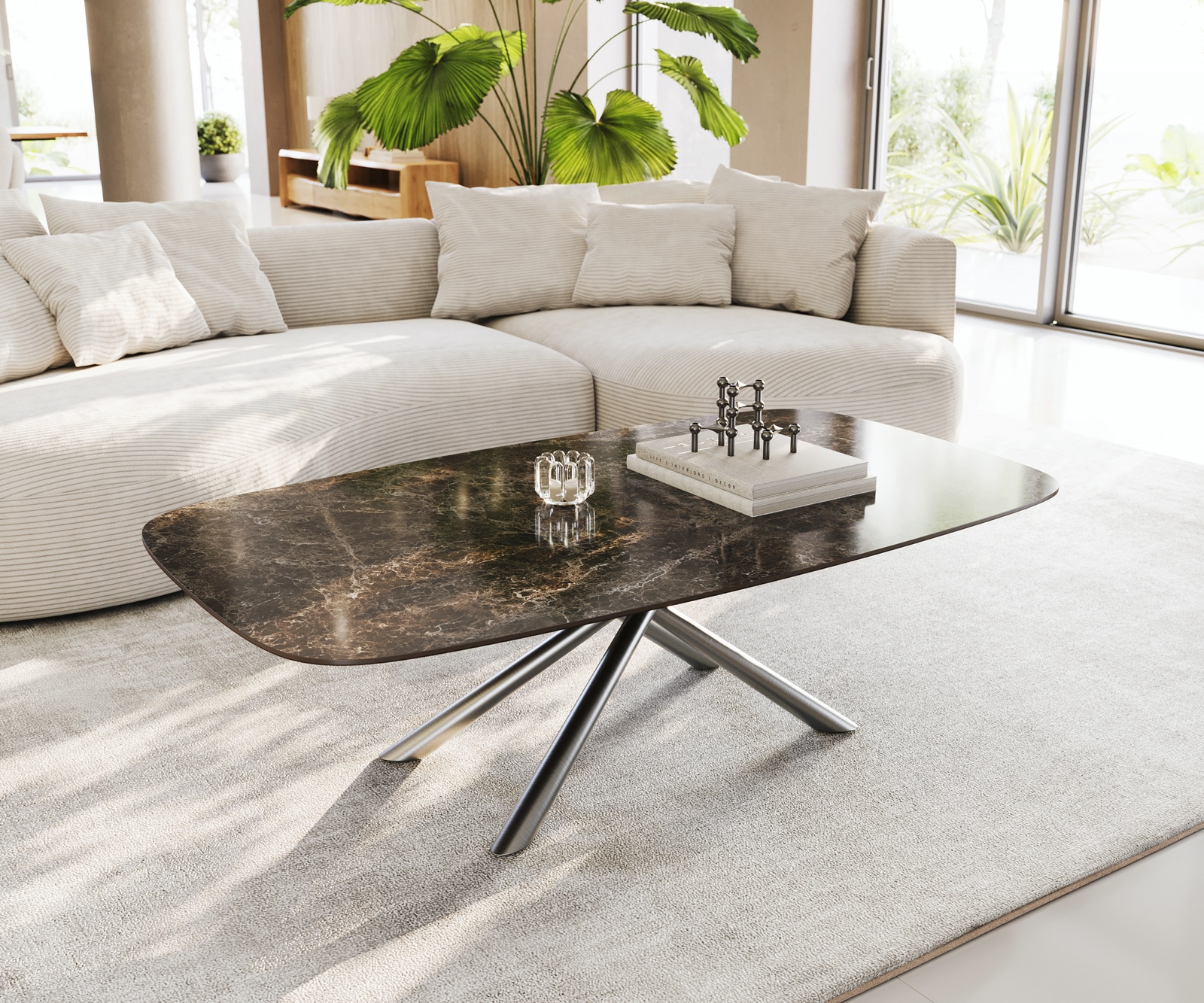 Couchtisch Edge Boot 140x80 cm Keramik Emperador Extra Lucidato Dunkelbraun Sarity Edelstahl gebürstet 1