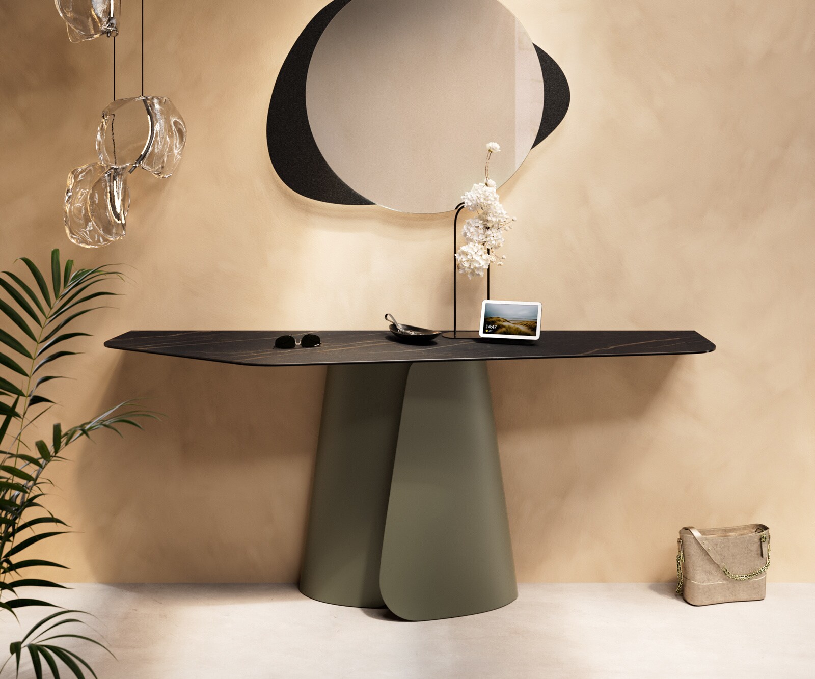 DELIFE Konsolentisch Edge Polygonal 180x50 cm Keramik Laminam Noir Desir Braun Livos Metall Effektfinish Titan, Konsolentische - B180 x T50 x H79 cm