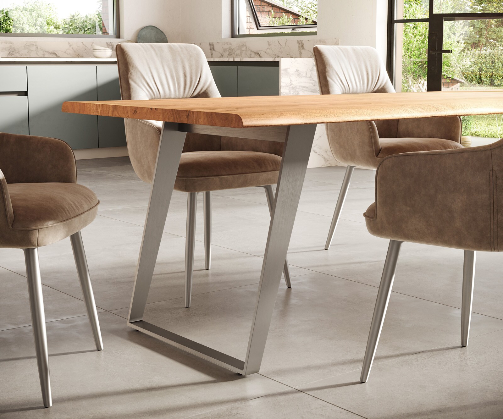 Esstisch Edge 300x100cm Akazie Natur Edelstahl Silber schräg Live-Edge 6