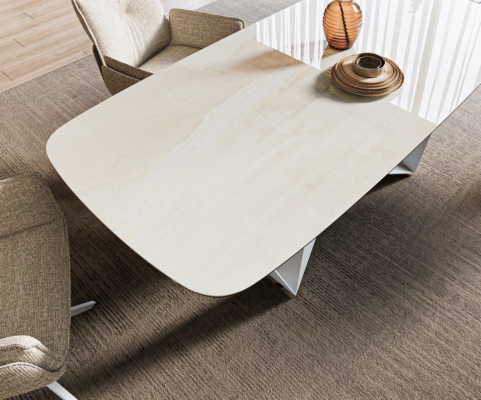 Esstisch Edge Boot 200x100 cm Keramik Onyx Champagne Spider Metall Weiß 4