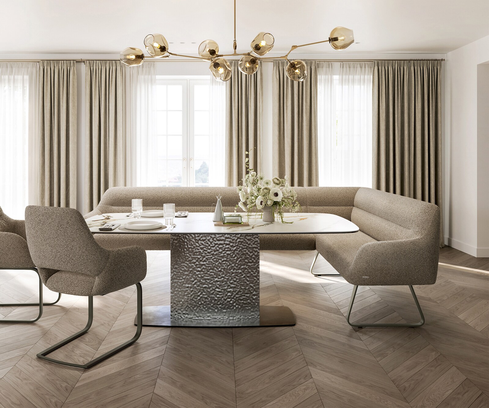 Esszimmerbank Taya-Flex 285x190 cm Bouclé Schlamm Kufengestell flach Effektfinish Titan Taschenfederkern Links 2