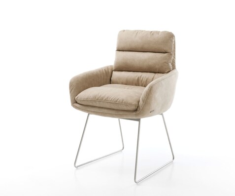 Esszimmerstuhl Abelia-Flex mit Armlehnen Mikrofaser Beige Vintage Kufengestell Edelstahl