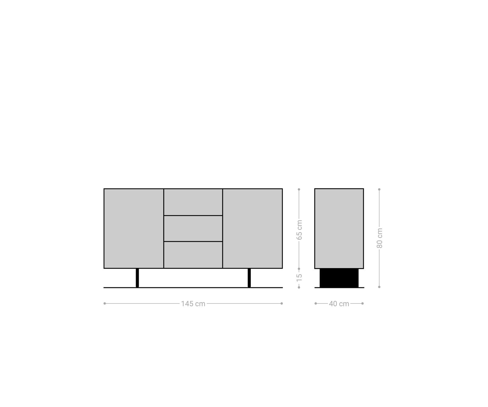 Sideboard Solu 145 cm Akazie Natur 2 Türen 3 Schübe Fuß schwebend Metall Schwarz 3D-Front 10