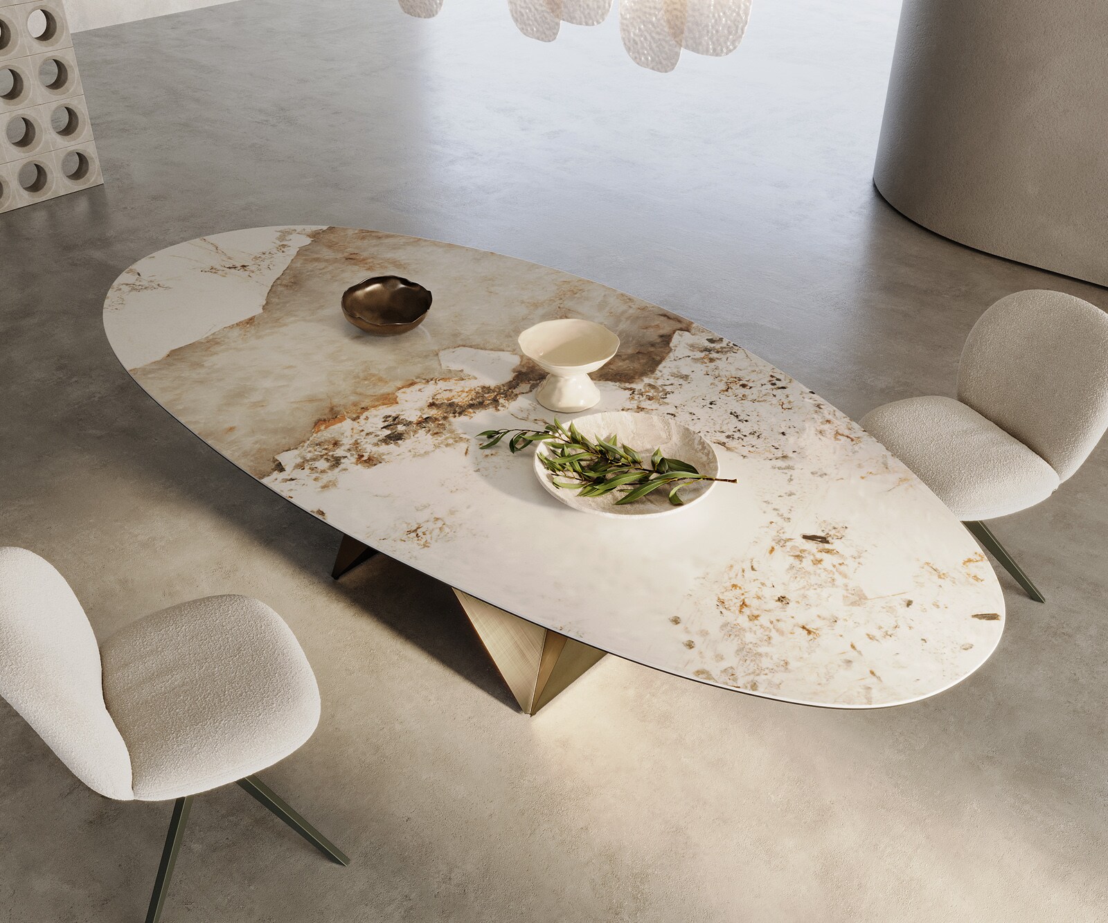 Esstisch Edge Oval 280x130 Keramik Minas Melange Weiß-Beige Origami Metallic Gold 1