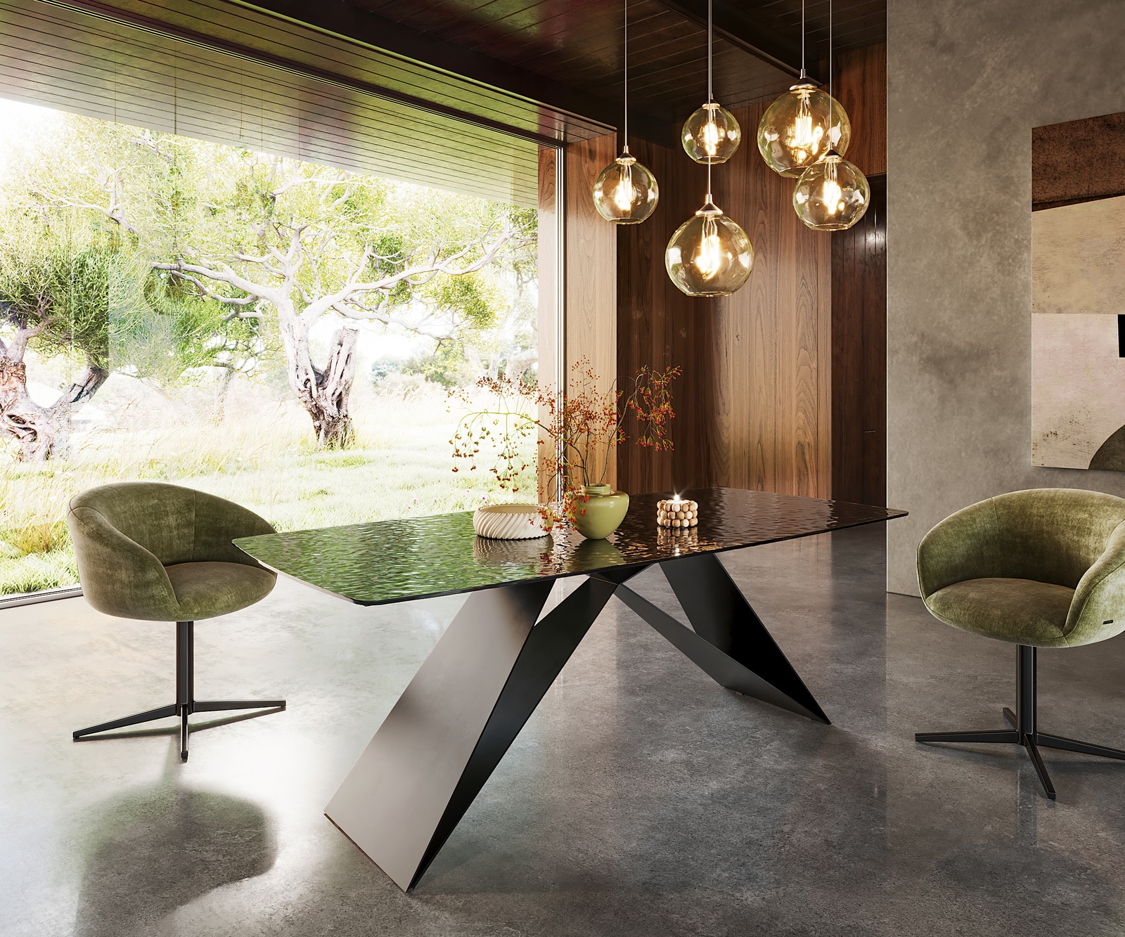 Esstisch Edge Boot 200x100 Reliefglas Rauchschwarz 3D-Design V-Gestell Flachstahl Schwarz 4