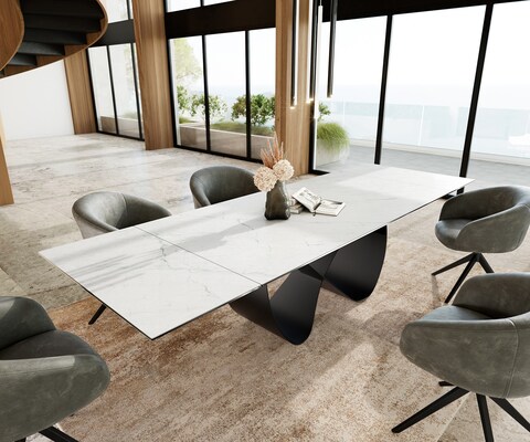 Esstisch Edge 200-300x100 cm Keramik Laminam® Statuarietto Weiß Infinity Metall Schwarz ausziehbar