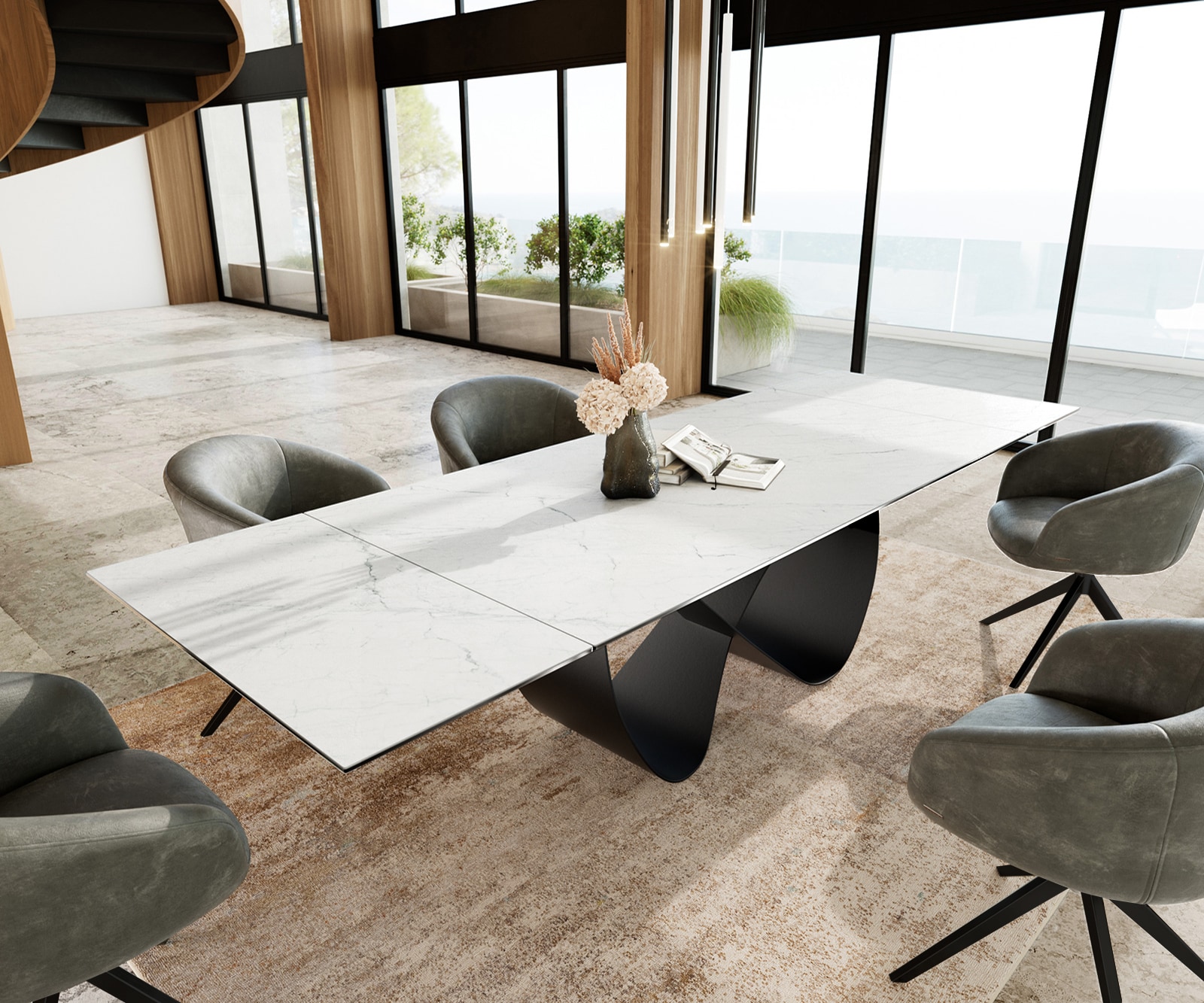 Esstisch Edge 200-300x100 cm Keramik Laminam® Statuarietto Weiß Infinity Metall Schwarz ausziehbar