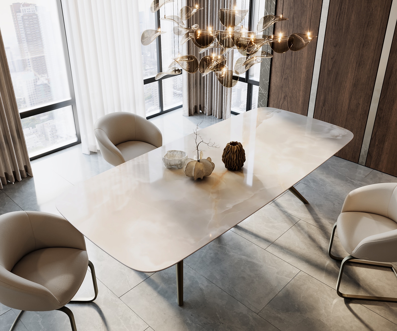 Esstisch Edge Boot 270x120 Keramik Iris FMG Onice Grigio Estelar rund Metall Effektfinish Titan 2