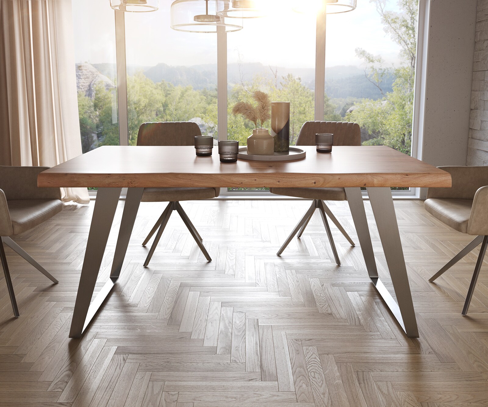Esstisch Edge 160x90 XL Akazie Natur Edelstahl Schräg Live-Edge 2