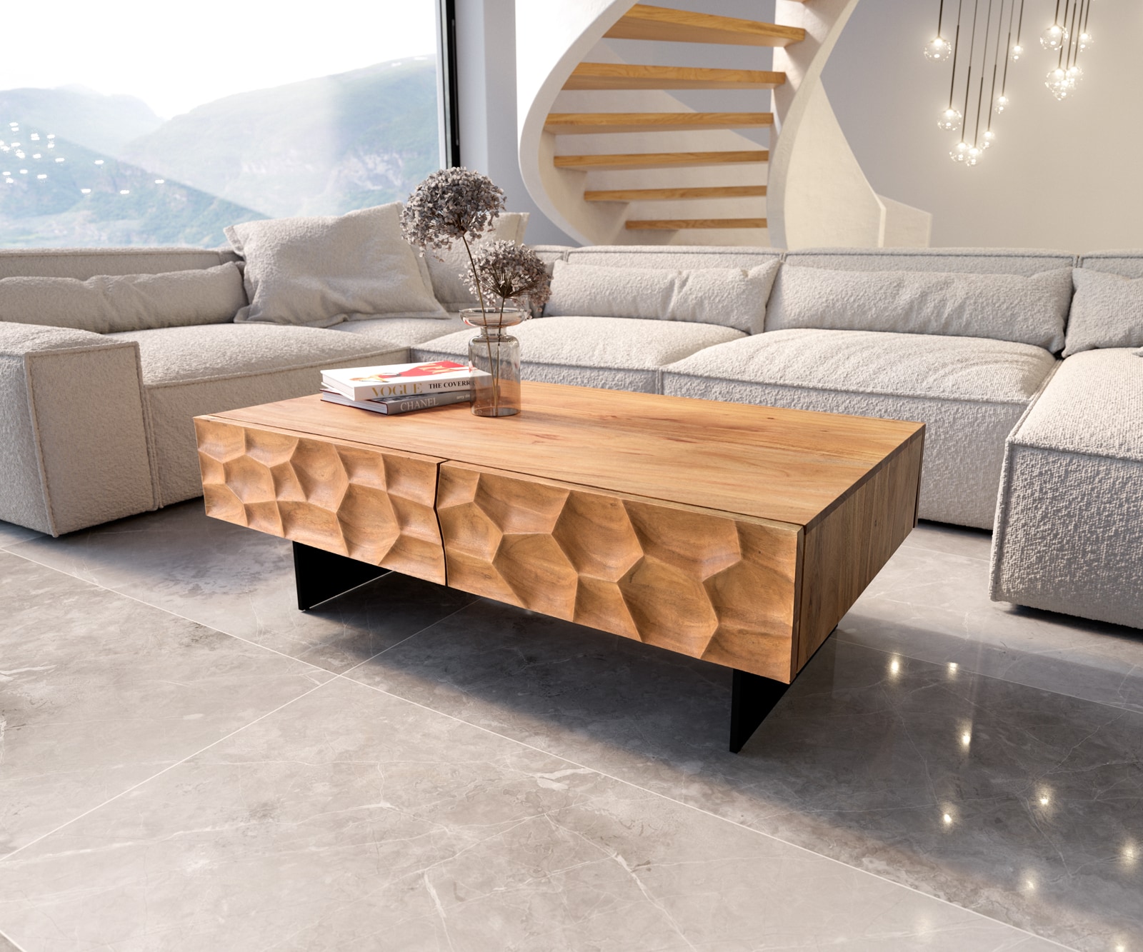 Couchtisch Solu 120x70 cm Akazie Natur 4 Schübe Fuß schwebend Metall Schwarz 3D-Front